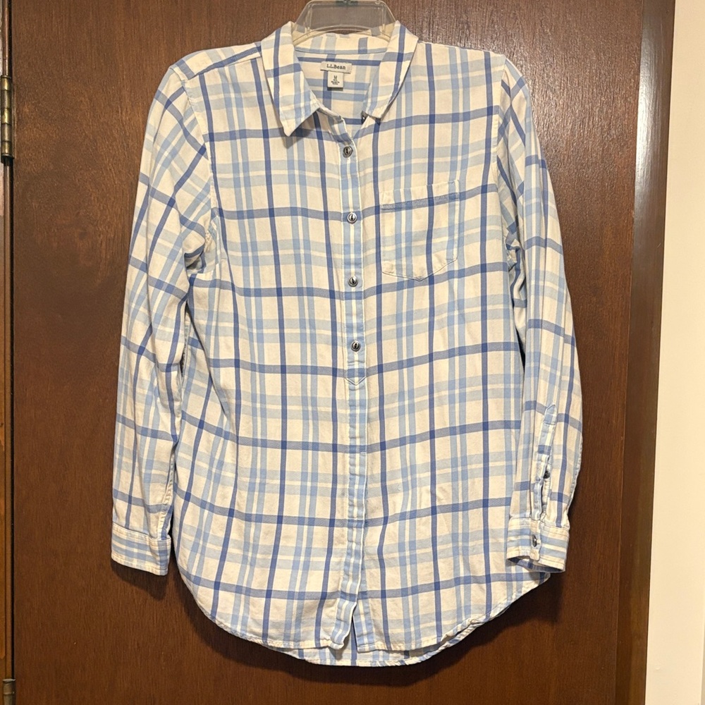 L.L. Bean Blue and White Plaid Cotton Button-Down Shirt